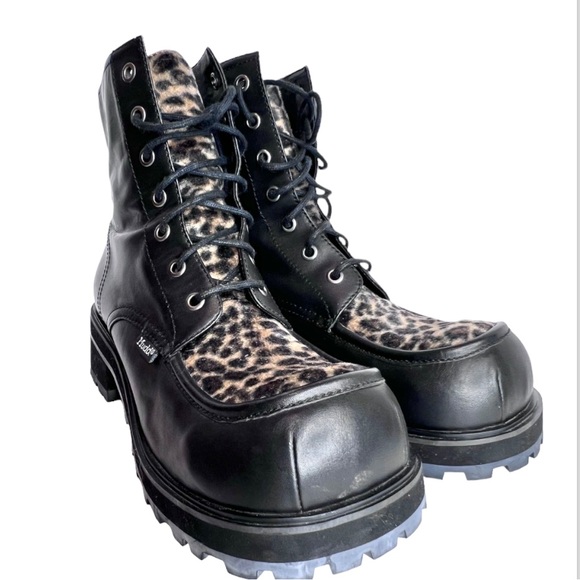 Retro Mudd Boots Combat Moto Y2K Leopard Black Genuine Leather 10 Lace Up - Picture 17 of 17